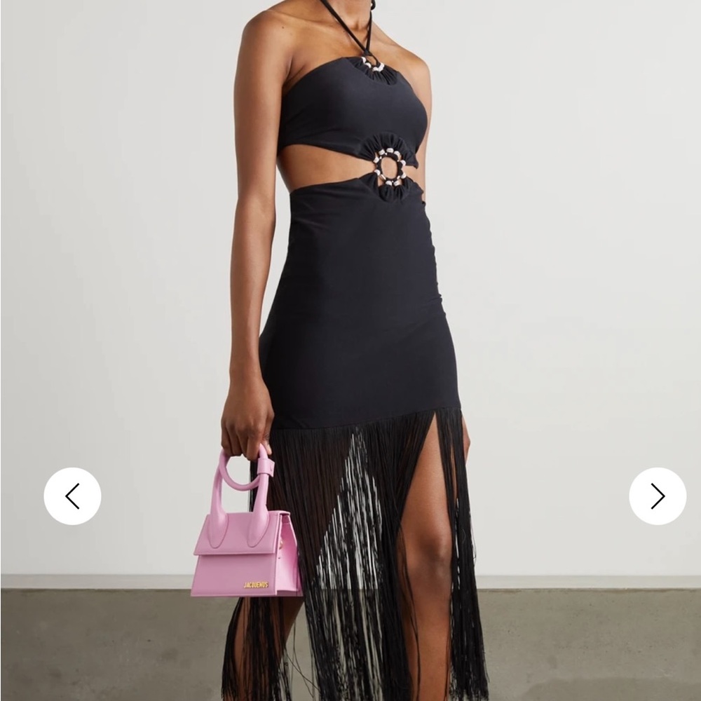 Black Cutout Fringe Dress with Pink Mini Bag